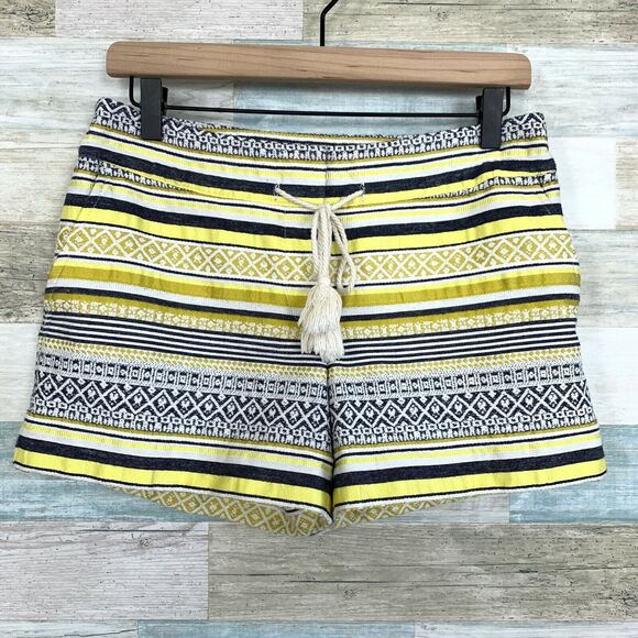 LOFT Striped Tassel Drawstring Shorts Gray Yellow Metallic Mid Rise Womens 2 - Picture 2 of 8